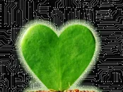 A green heart-shaped leaf resting on soil, set against a circuit board background.