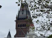 Historic building tower with intricate architecture against a gray sky, partially obscured by tree branches.