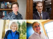 Four professionals smiling in separate portraits, diverse backgrounds and attire.