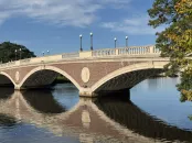 Weeks footbridge with its arches reflected in calm water under a blue sky.