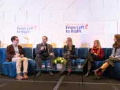 Seated panelists discuss the topic of technology policy at the Harvard Kennedy School's event "After Neoliberalism"