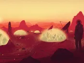 A silhouette of a person stands before glowing domes in a red, rocky landscape at sunset.