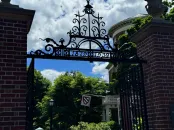 Wrought iron gate with ornate design, flanked by brick pillars and lush greenery.