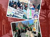 Students holding colorful protest signs on a college campus, expressing enthusiasm and unity.