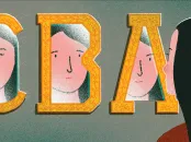 A woman gazes at large decorative letters with her reflection and two stylized faces beside them.