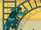 A person climbs a curved ladder against a colorful background and four vertical ladders.