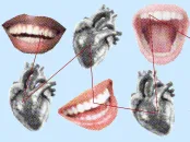 An illustration depicting a series of mouths and heart organs connected by lines, indicating the link between oral hygiene and heart health