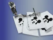 A mechanical hand representing AI copies images of Disney's Mickey Mouse