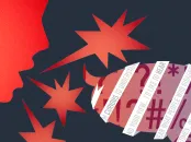 An abstract collage of a pair of people engaged in a tense conversation, depicting speech bubbles and words