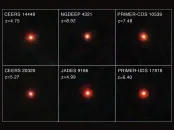 Six red star-like objects against a dark background, each with labels and coordinates.