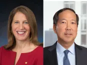 Two professional portraits side by side: a woman in a red top smiling and a man in a suit.