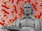 Statue of a historical figure, against a colorful, stylized letter background.