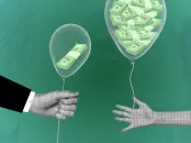An illustration of interest rates rising, with two hands holding balloons full of money