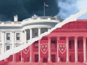 White House and Harvard University buildings split diagonally with contrasting colors.