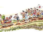 Historical scene depicting a parade with soldiers and a town square in the background.