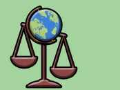 A globe balanced on a pair of scales against a light green background.