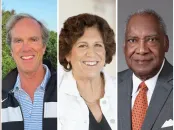 Three diverse individuals smiling, with a green background on the left and formal attire on the right.