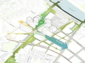 Map showing urban layout with roads, green spaces, and waterways.