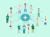 Illustration of diverse healthcare professionals around a central medical cross symbol.