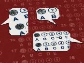 Three speech bubbles with lettered choices on a red background with numbers.