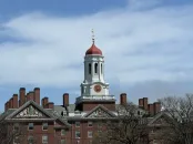 Harvard University tower with a red and gold dome against a blue sky.