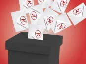 White envelopes with red symbols falling into a black ballot box against a red background.