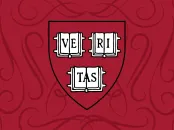 Crimson background with a Harvard University shield featuring "VERITAS" in three books.