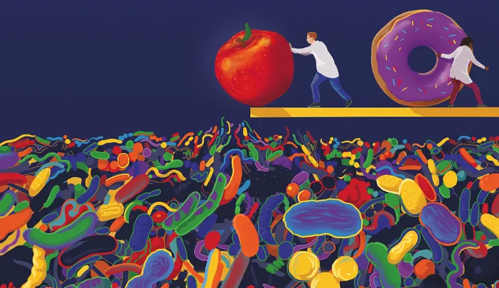 Illustration of an apple being pushed from a platform into a sea of colorful microbes
