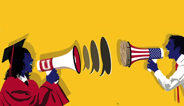 An illustration of a graduate in a cap and gown shouting into a megaphone labeled with a "U," facing a man shouting into a megaphone with an American flag design. The background is bright yellow.