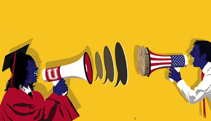 essay about the benefits of having a pet An illustration of a graduate in a cap and gown shouting into a megaphone labeled with a "U," facing a man shouting into a megaphone with an American flag design. The background is bright yellow.