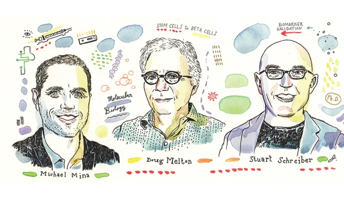 Illustrated portraits of Michael Mina, Doug Melton, and Stuart Schreiber, surrounded by scientific symbols and annotations related to their fields, including molecular biology, stem cells, and biomarker validation.