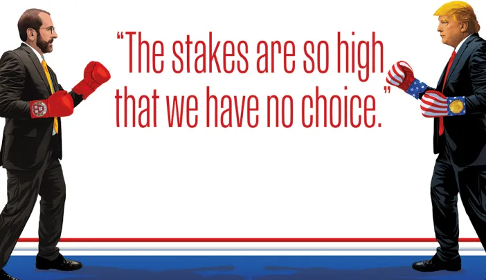 Illustration of Donald Trump and Alan Garber wearing boxing gloves, facing off beneath the quote: “The stakes are so high that we have no choice.”