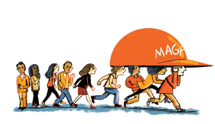 Illustration of college students running under a large red "MAGA" hat while others look on with some skeptisim.