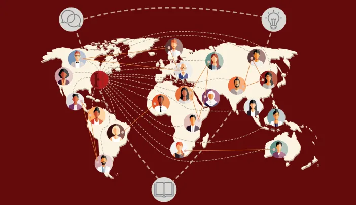 Illustrated world map showing people connected across countries with icons for ideas, research, and communication.
