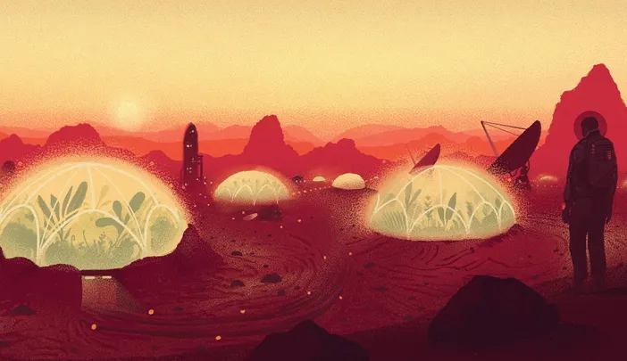 A silhouette of a person stands before glowing domes in a red, rocky landscape at sunset.