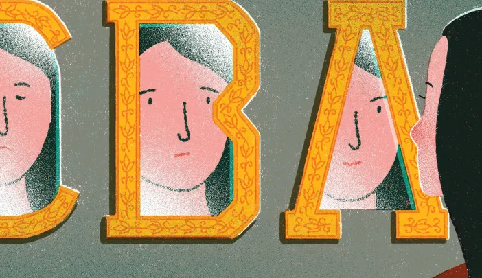 A woman gazes at large decorative letters with her reflection and two stylized faces beside them.