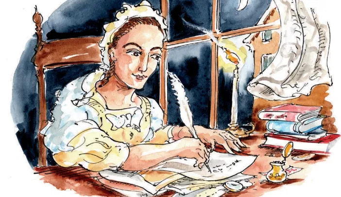 Mercy Otis Warren in period attire writes at a desk by candlelight, surrounded by books.