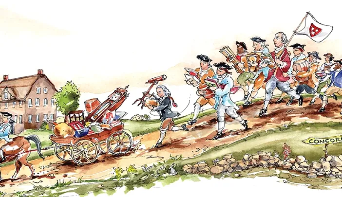 Historical scene depicting a parade with soldiers and a town square in the background.