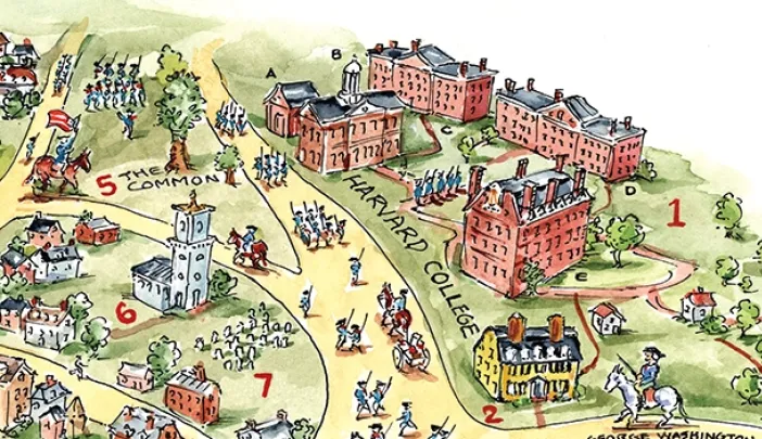 Colorful illustrated map of Colonial Cambridge and the Harvard College campus featuring buildings of the campus, houses, Cambridge Common, and the Charles River