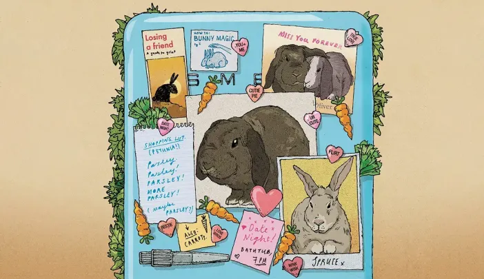 A blue refrigerator covered with animal pictures, notes, and drawings, surrounded by greenery.