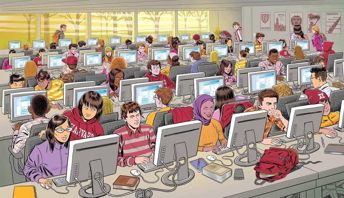 A busy classroom filled with students working at computers, colorful decor, and a bright atmosphere.