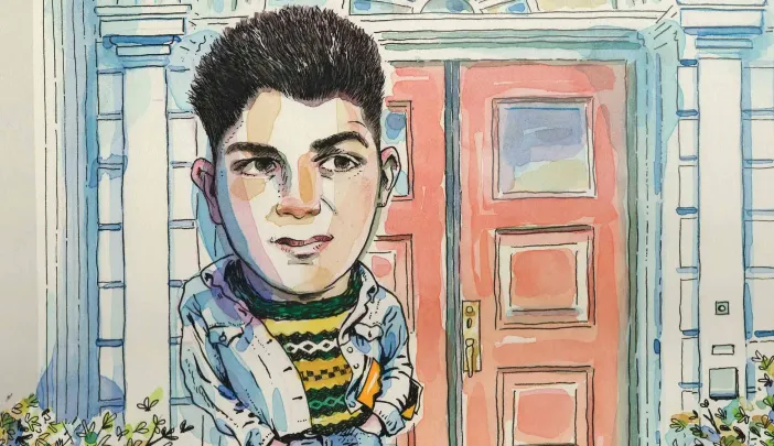 Caricature of a young man in front of red doors, wearing a green striped sweater.