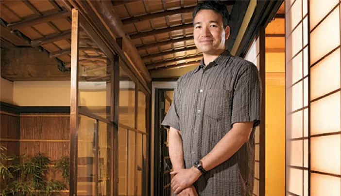 Art historian Yukio Lippit in the Japanese merchant's house at the Boston Children's Museum.