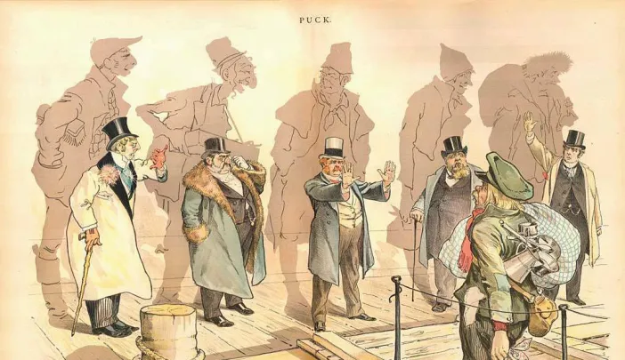 The views of Charles William Eliot and Oliver Wendell Holmes Sr. (whose images follow) aided the descendants of immigrants in keeping out new immigrants, as depicted in Joseph Keppler’s 1893 political cartoon “Looking Backward,” from Puck.