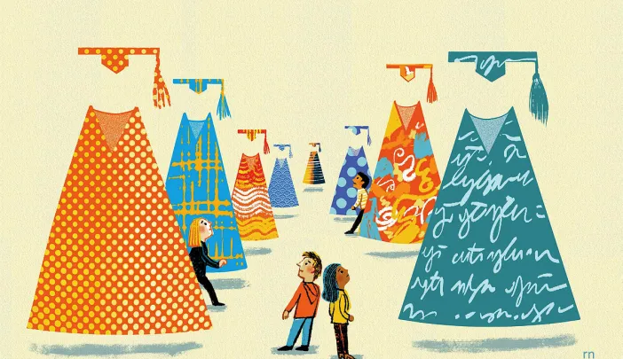 An illustration depicting students choosing among different varieties of branded college experiences