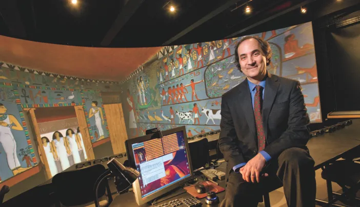 Peter Der Manuelian with a 3-D projection of the subterranean chapel of Queen Meresankh III, discovered and excavated at Giza in 1927 by the Harvard University-Boston Museum of Fine Arts Expedition. This immersive computer model, based on the actual archaeological documentation, uses software powered by Dassault Systèmes, Paris.