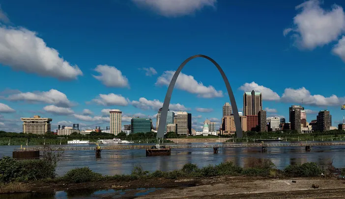 The St. Louis, Missouri, skyline on the Mississippi River with the Gateway Arch visible, as seen from across the Mississippi River in East St. Louis, Illinois 