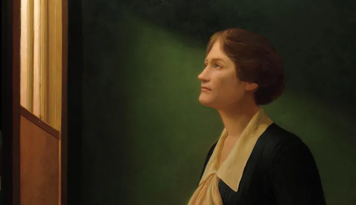 Posthumous portrait of astronomer Cecilia Payne-Gaposchkin looking up and through a window, echoing Vermeer’s painting “The Astronomer”