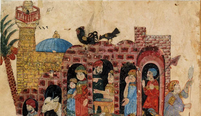 An illuminated manuscript page from thirteenth-century Iraq showing two men on a camel arriving in a village, depicted as two-story white buildings with people looking out the windows