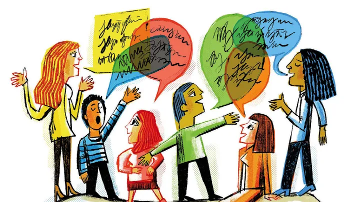 An illustration of people engaging in vigorous, animated dialogue 